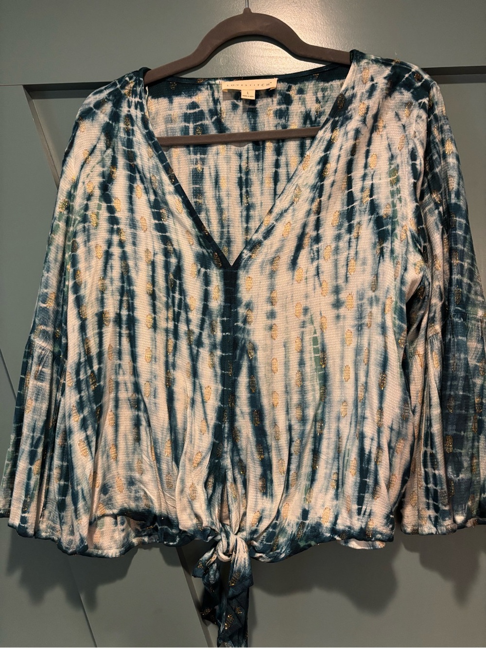 Tie-Dye V-Neck Knot Front Women's Top - Teal & White with gold details